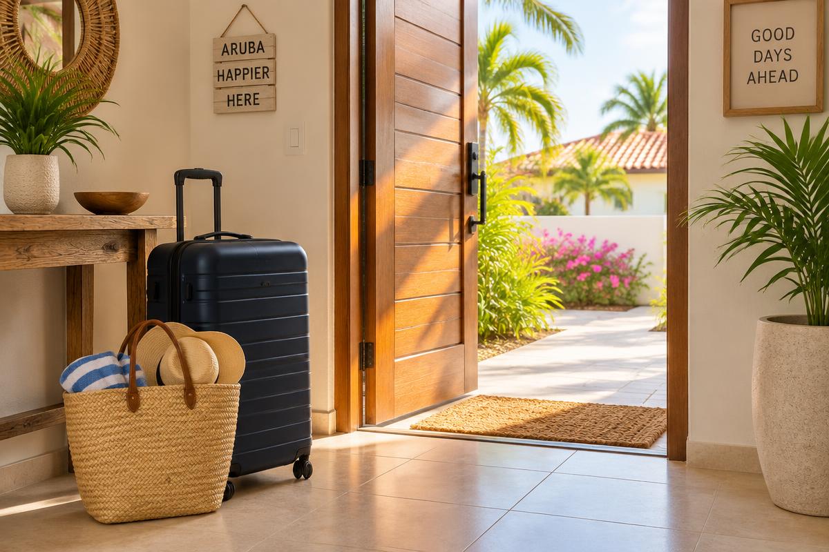 Open front door of a bright Aruba vacation rental with a packed suitcase and beach bag, warm morning light