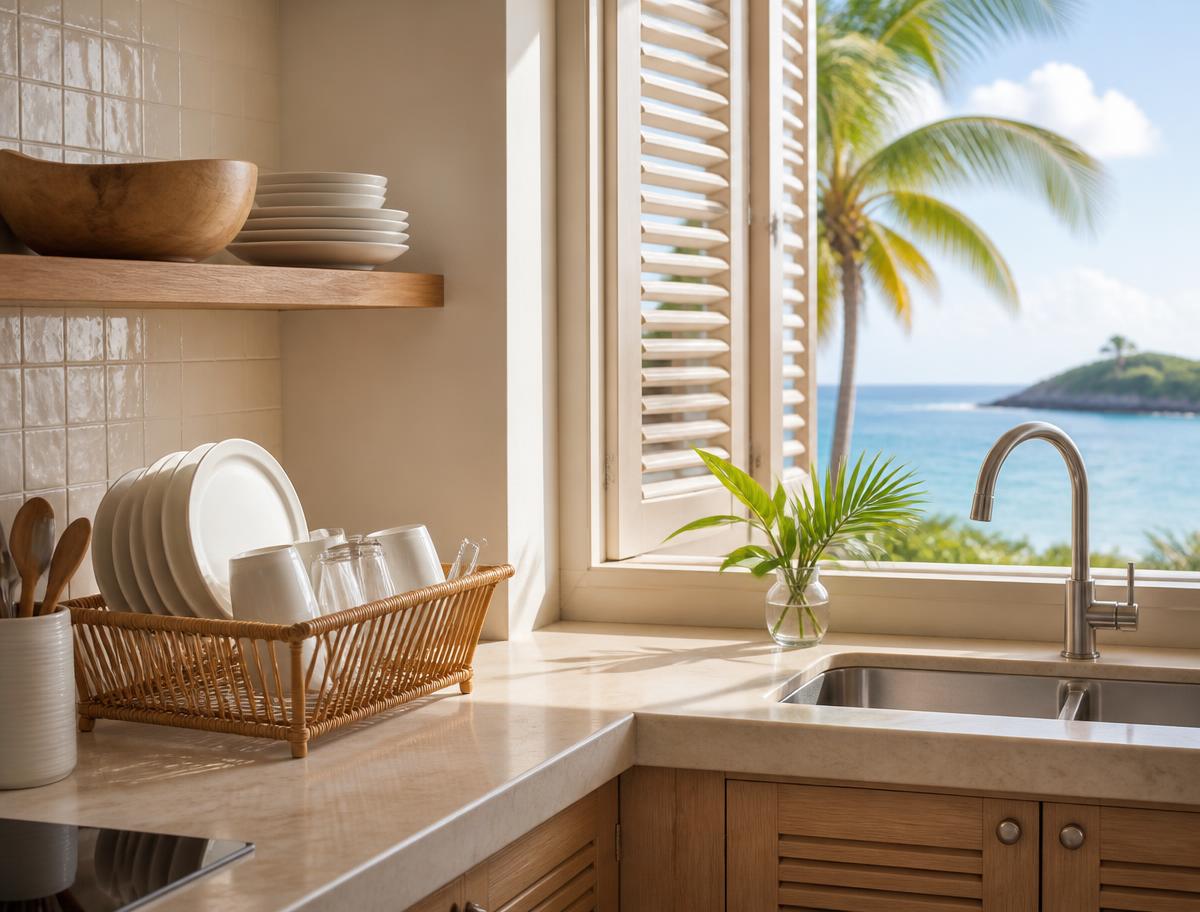 Tidy vacation-rental kitchen counter with washed dishes in a drying rack and a wiped countertop