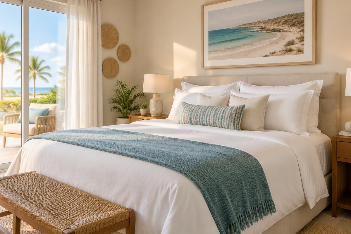 Freshly made bed with crisp white linens in a sunlit Aruba vacation-rental bedroom